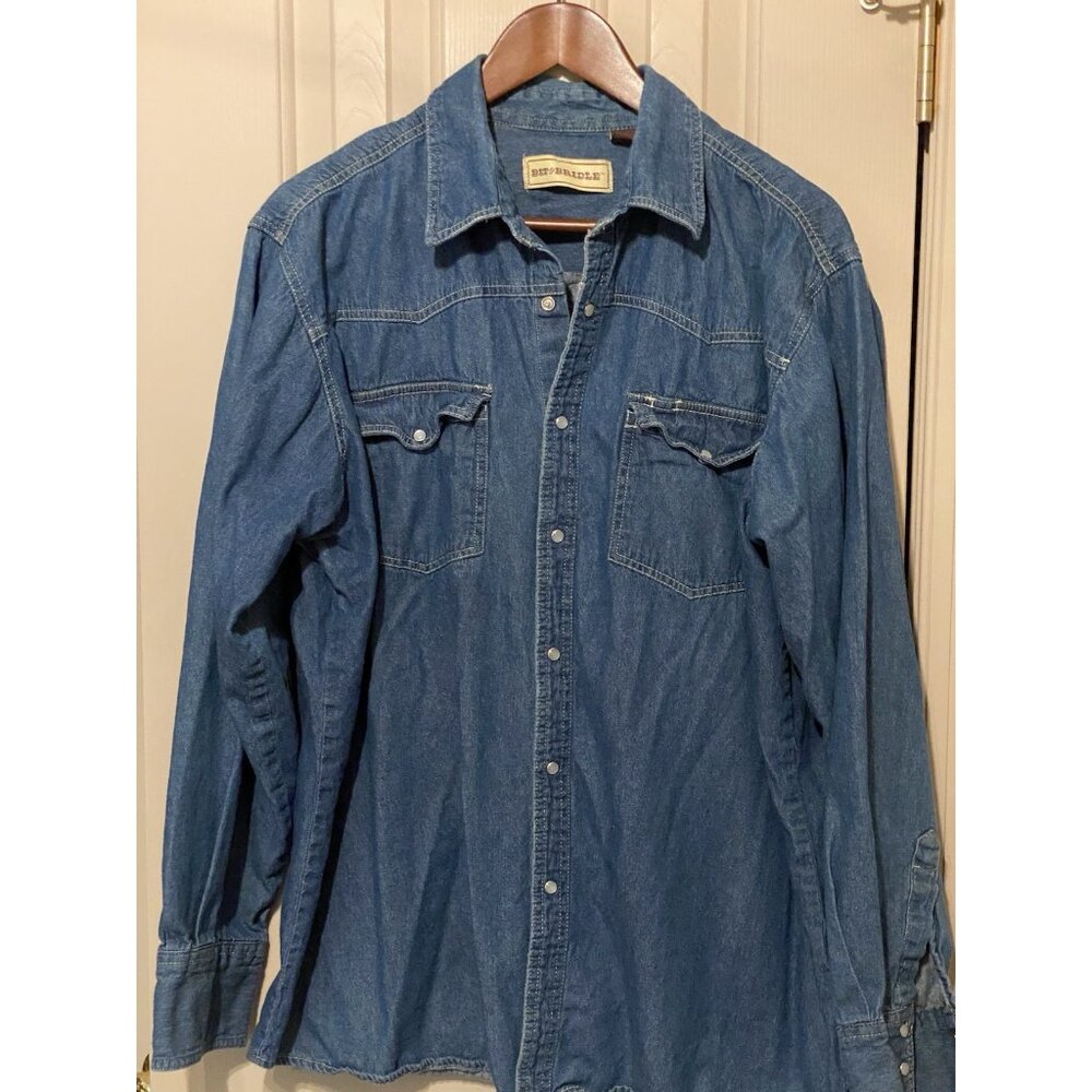 Bit & Bridle Blue Denim Long Sleeve Pearl Snap Down Men's XXL - Picture 3 of 6